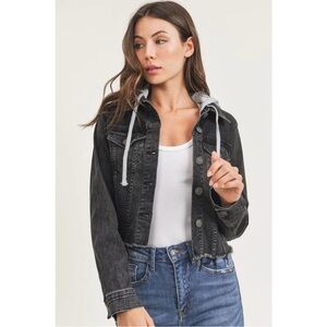 Risen Black Hooded Cropped Denim Jacket Size Small